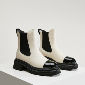 「HANAYA」时装靴 圆头中筒黑色拼色高跟粗跟真皮白色女靴子