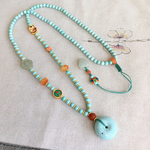 天然绿松石珠链原矿平安扣项链坠蜜蜡翡翠吊坠绳可调节定制毛衣链