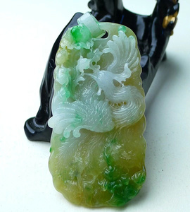 翡翠凤凰吊坠黄绿多彩冰糯种缅甸天然翡翠老坑a精雕玉佩翡翠凤牌