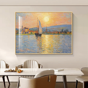 海上日出餐厅装饰画一帆风顺莫奈油画高级肌理感餐桌背景墙壁挂画