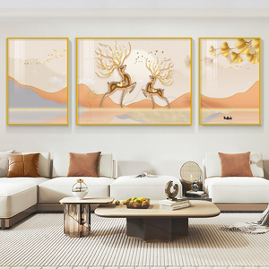 客厅三联装饰画鹿寓意好沙发背景墙挂画大气轻奢壁画背有靠山墙画