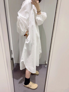 代购hong COS春季女装甜美白色圆领泡泡袖中长款全棉衬衫式连衣裙
