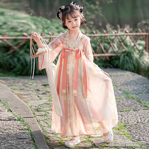 女童汉服短袖夏季薄款襦裙中国风儿童古装粉色公主裙唐装高端柠溪