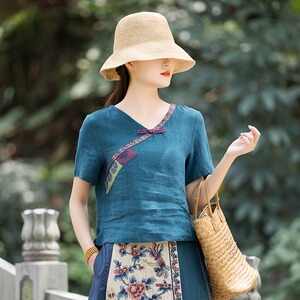 民族风复古v领刺绣亚麻女士衬衫 小个子夏季宽松拼接棉麻短款上衣