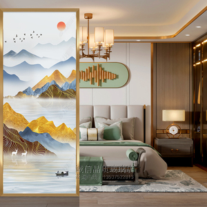 艺术玻璃定制走廊玄关过道屏风隔断磨砂透光彩绘钢化高端山水画