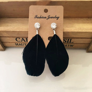 原创设计 简约韩国气质 黑色羽毛耳环 长款耳坠 超闪锆石耳钉 女