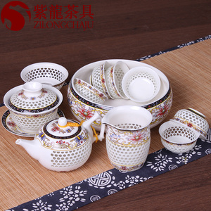功夫茶具青花玲珑功夫茶具套装陶瓷蜂窝镂空茶海整套茶壶茶杯配件