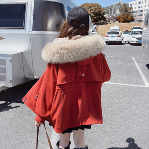 大毛领短款工装派克服女冬季加绒红色小棉袄外套2023爆款羽绒棉衣