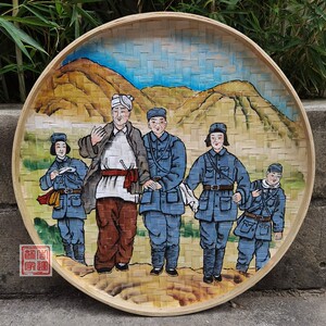 红军主题手绘簸箕画圆竹编画美丽乡村学校墙面背景装饰画壁饰挂件