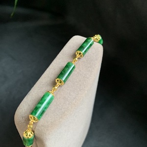 缅甸天然翡翠a货18k辣绿路路通手链金镶玉满绿桶珠手串转运珠手饰