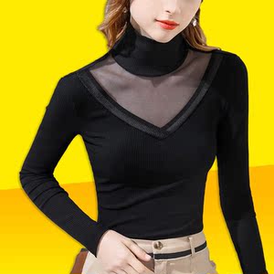 舞蹈服秋冬黑色高领长袖t恤打底衫女网纱拼接拉丁舞练功服女上衣