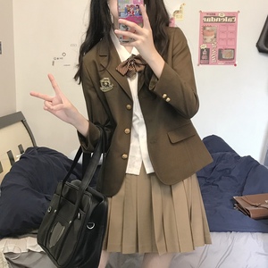 栗子猪jk卡其色百褶裙棕色制服原创正版格裙百褶裙女半身短裙