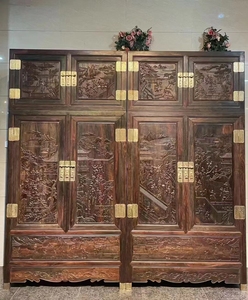 老挝大红酸枝复古百子图顶箱柜中式古典红木雕花家具大衣柜储物柜