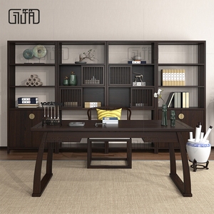 新中式书桌整装实木书架书房写字书法桌办公桌禅意书柜格子柜组合