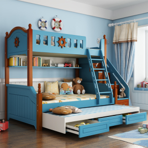 地中海高低床儿童双层床男孩小户型子母床两层多功能蓝色上下铺床