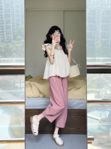 高级感小飞袖衬衫女法式方领衬衣+粉色萝卜裤直筒阔腿裤两件套装