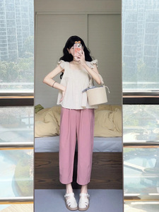 高级感小飞袖衬衫女法式方领衬衣+粉色萝卜裤直筒阔腿裤两件套装
