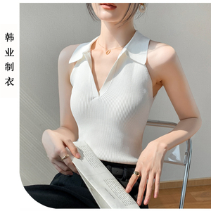 翻领无袖背心女2024春季新款遮副乳修身显瘦坎肩V领曲珠针织上衣