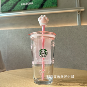 星巴克新款可爱粉色猫爪樱花玻璃吸管杯咖啡杯双饮口女生礼物