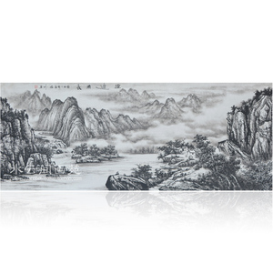 纯手工国画山水写意横幅宣纸风水源远流长中国风黑白色水墨韵味图