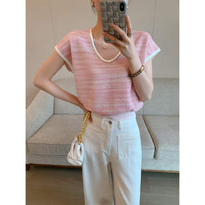 PINKEEN粉色V领短袖针织T恤女夏季2024新款法式休闲减龄时尚上衣