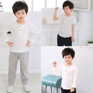 原创中国风男童棉麻长袖t恤婴儿童宝宝上衣白色体恤小衫春装丅恤