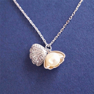 【海的告白】S925纯银淡水珍珠贝壳项链镶钻简约锁骨链女礼物包邮