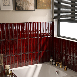 复古酒红色长条手工砖稻谷暖色卫生间瓷砖法式厕所厨房花砖中古风