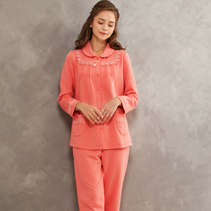 伊丝芬冬长袖长裤亲肤翻领睡衣女三层纯棉s码以上对襟夹层家居服