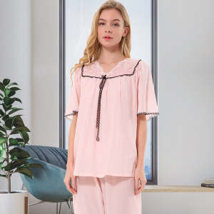 伊丝芬夏女新品睡衣纯棉提花绉布纯色短袖薄款九分裤舒适家居服套