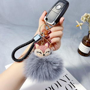 韩国媚眼狐狸头钥匙扣时尚毛绒包包挂件女士创意镶钻汽车钥匙圈链