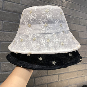 帽子女夏天薄款网红百搭蕾丝花朵渔夫帽韩国chic小清新网纱太阳帽