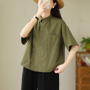文艺日系全棉衬衫女士短袖夏季宽松大码不对称设计感纯色打底衬衣