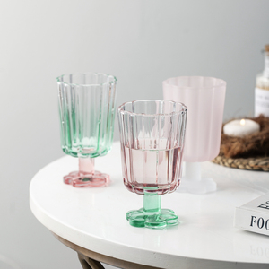 中古彩色玻璃杯家用耐热喝水杯子创意个性矮脚酒杯花朵高脚杯网红