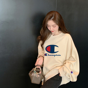韩国免税代购champion冠军卫衣女加绒bf风打底宽松印花圆领上衣