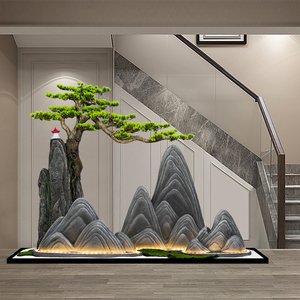 仿真迎客松假山石景观室内客厅别墅楼梯下拐角玄关枯山水造景装饰