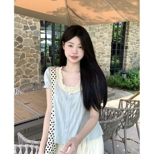 韩版甜美蕾丝花边小方领短袖衬衫女夏季小清新宽松显瘦泡泡袖上衣