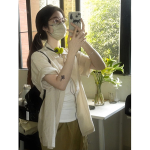 日系棉麻黄色短袖条纹衬衫女夏季2024新款衬衣设计感小众宽松上衣