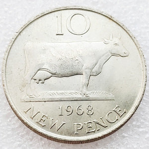 英属根西岛格恩西岛格恩西1968年10便士铜镍硬币.牛 28mm 三狮unc