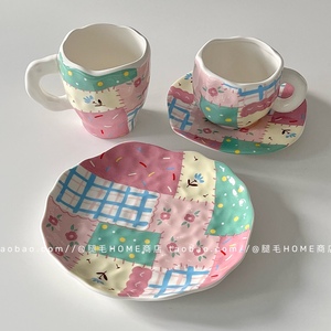 出口韩国可爱彩色拼布不规则陶瓷餐具套装马克杯咖啡杯碟餐碗盘