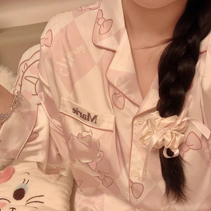日本代购粉色少女睡衣春秋款冰丝长袖可爱猫咪大学生夏季短袖套装