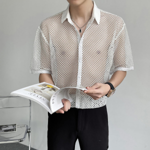 透视衬衫男短袖设计感小众高质感夜店男装宽松百搭薄款镂空上衣潮