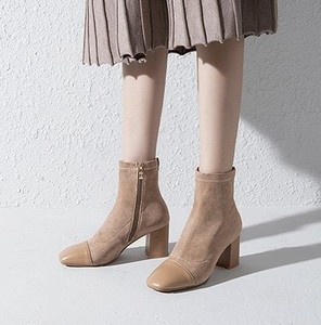 杏色拼接牛皮粗高跟马丁短靴隐形内增高真皮百搭气质女靴跟高9cm