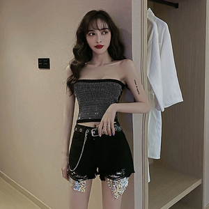 2022夏装新款性感闪亮钻短款抹胸 夜店亮片高腰牛仔短裤两件套