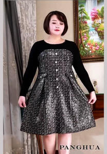 胖华春秋新款女装加肥中长款拼接显瘦高档连衣裙特大码200斤外穿