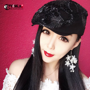 帽子女夏天鸭舌帽镂空花朵网纱女帽亮片时尚帽子防晒韩版潮贝雷帽