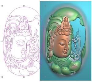 藏式菩萨度母观音牌子椭圆精雕挂件浮雕图灰度玉雕图自在观音头像