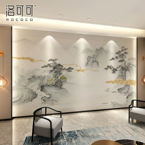 轻奢新中式山水墙壁画客厅电视背景墙布沙发刺绣壁布酒店包房壁纸