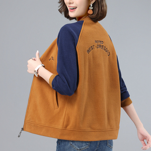 双面摇粒绒外套女春秋2022年新款宽松中老年妈妈薄款棒球服开衫潮