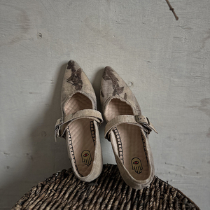 丁寅工作室 |原创设计扎染做旧文艺复古尖头女巫鞋新中式玛丽珍鞋